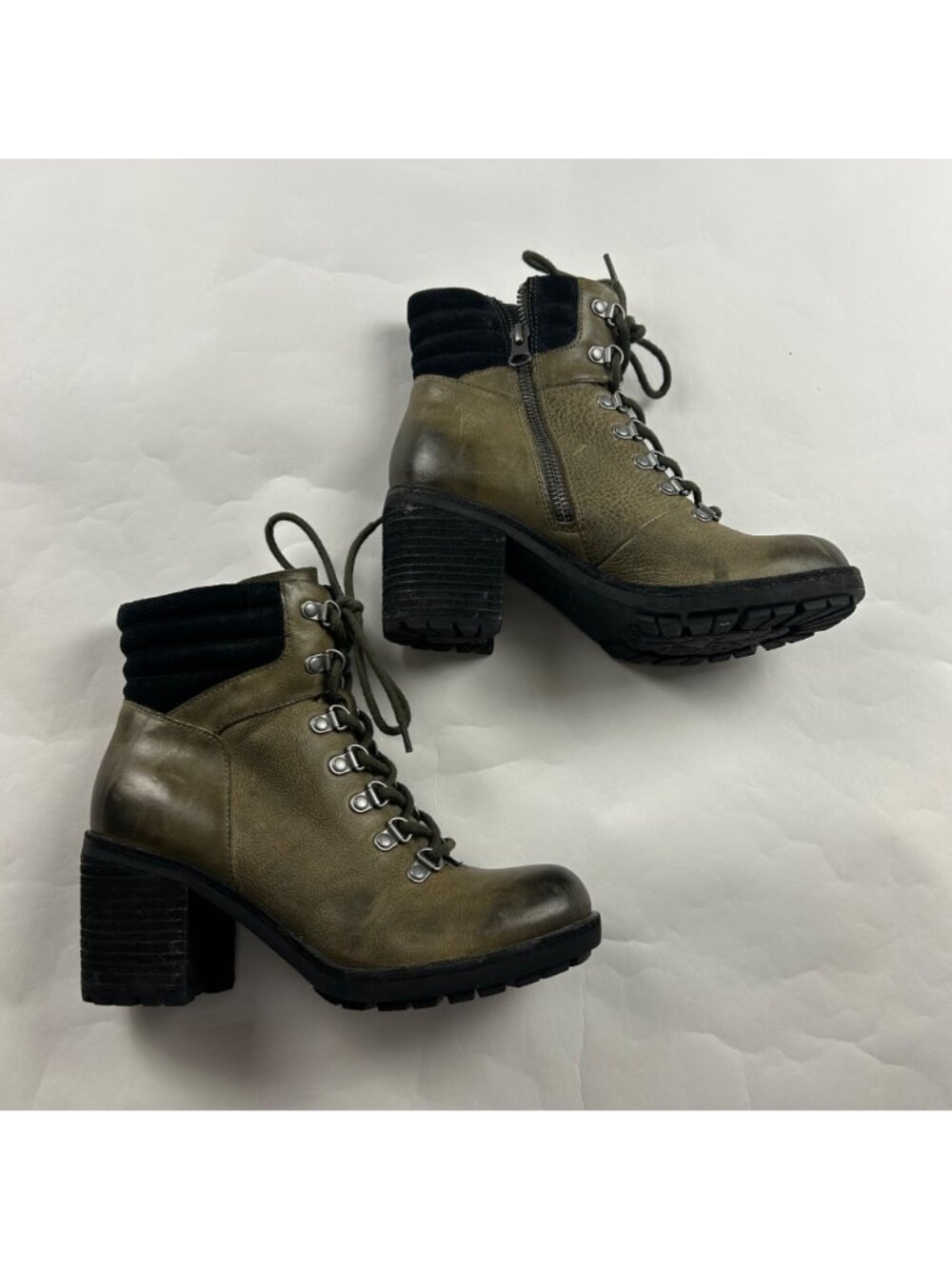 Kork Ease Distressed Olive Leather Lace Up Chunky Heel Ankle Boot 6M - Picture 3 of 8